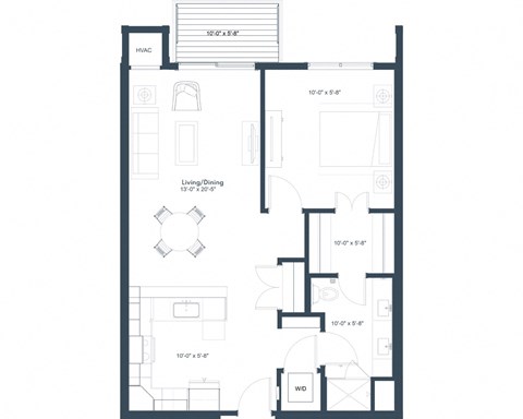 Floor plan for 1 bed, 1 bath, 824 sqft